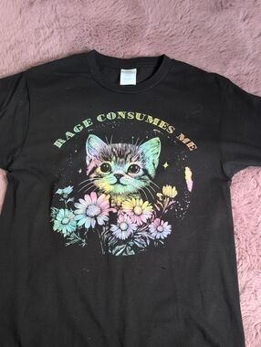"Rage Consumes Me" Rainbow Kitten Floral Cat Tee - Black
